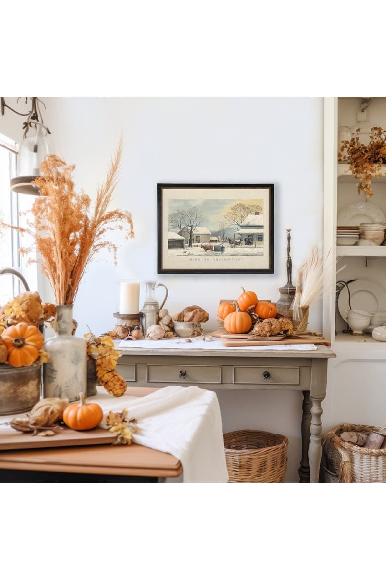 Vintage Home to Thanksgiving scene on a distressed bookplate background, Alternate, color, White