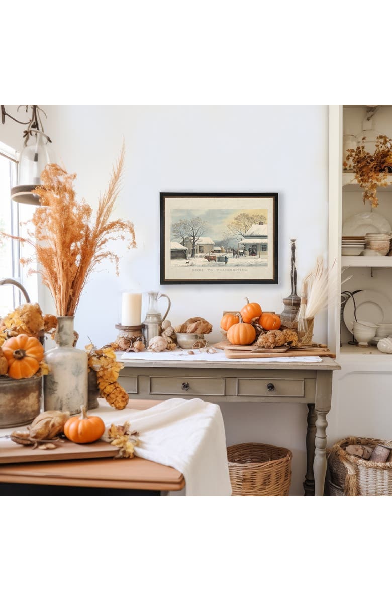 Antique Curiosities Vintage Home to Thanksgiving scene on a distressed bookplate background, Alternate, color, White