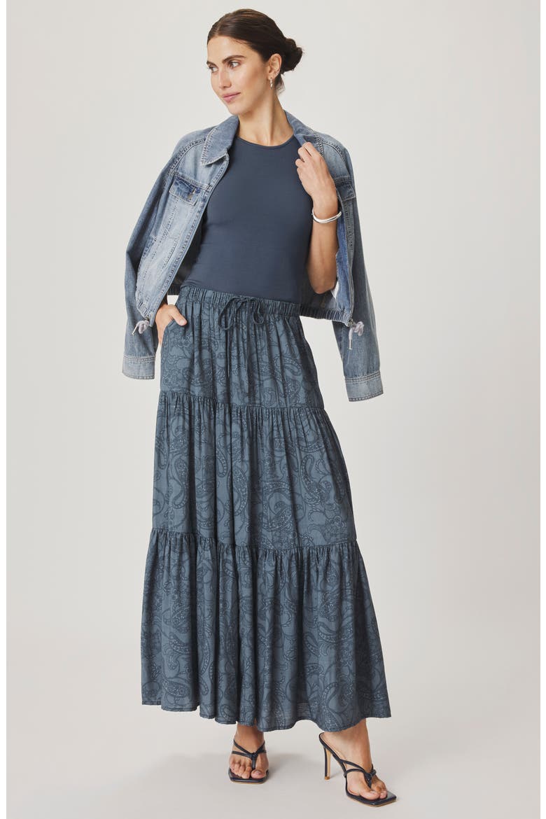 Iris Paisley Tiered Maxi Skirt, Alternate, color, MOOD INDIGO BLUE