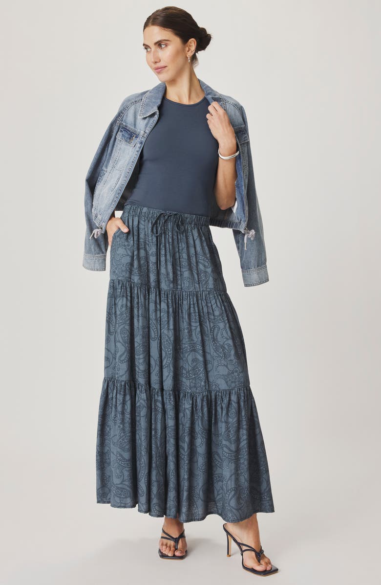 Splendid Iris Paisley Tiered Maxi Skirt, Alternate, color, Mood Indigo Blue