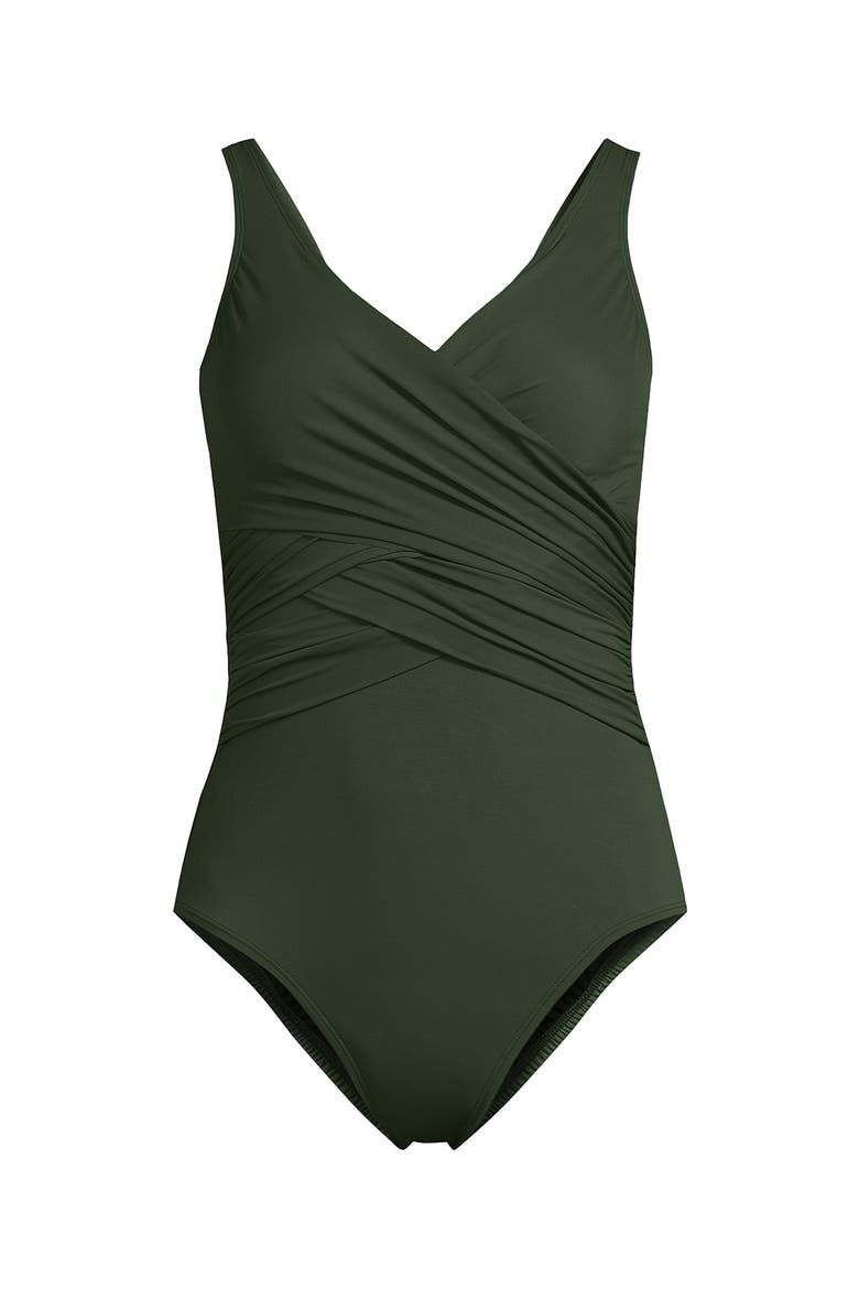 D-Cup Slender Tummy Control Chlorine Resistant V-neck Wrap One Piece Swimsuit, Alternate, color, Rich Olive Green