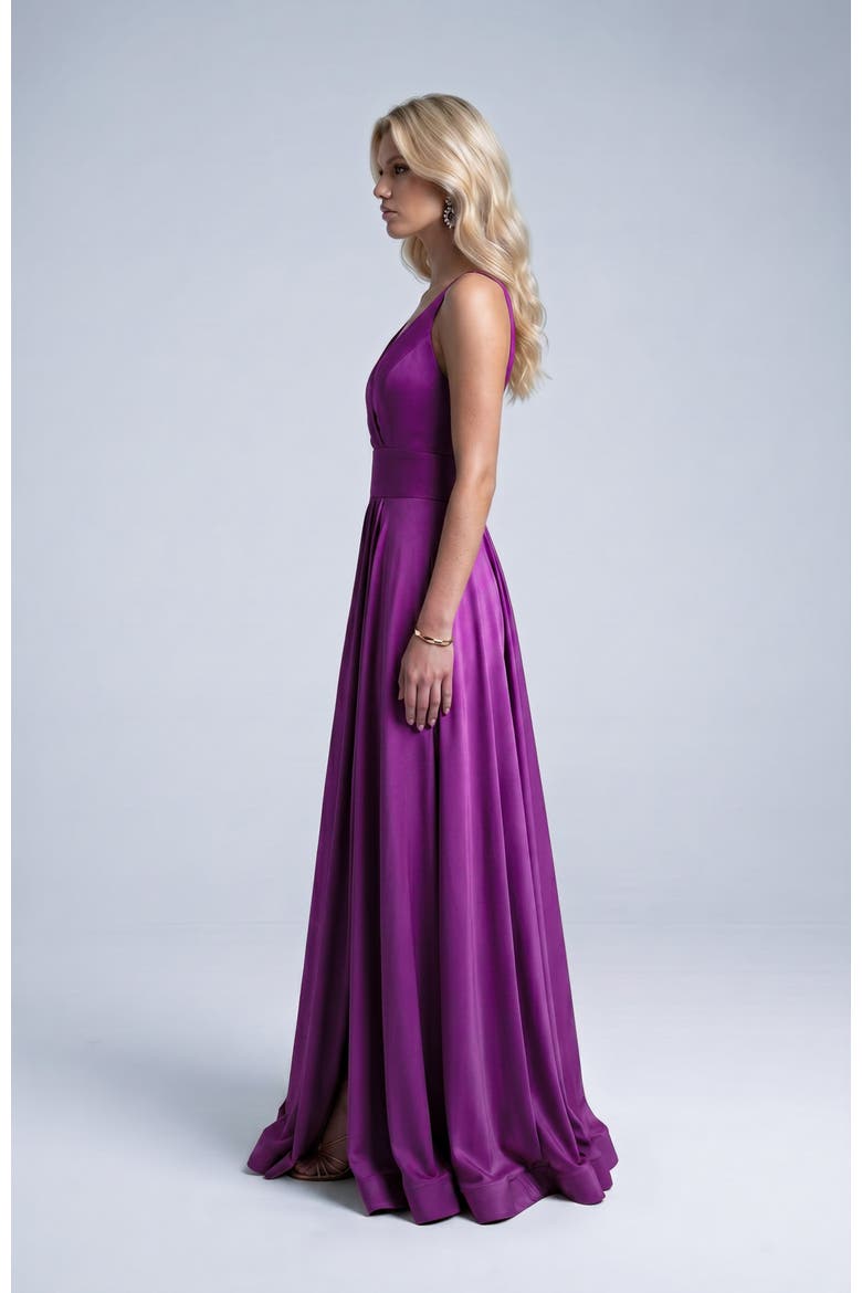 Cross Front Neck Empire Waist Satin Gown, Alternate, color, Plum