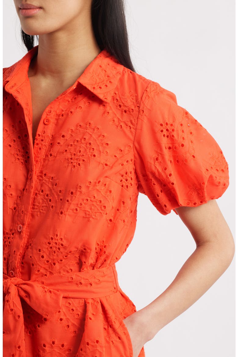 Puff Sleeve Eyelet Shirtdress, Alternate, color, RED CORAL
