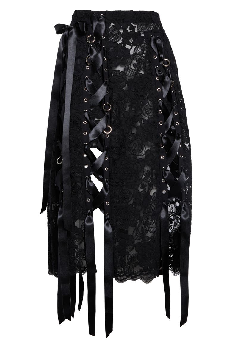 Unraveling Ribbon & Ring Lace Skirt, Main, color, BLACK