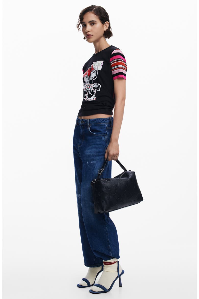 Minnie Mouse Stripe Sleeve Graphic T-Shirt, Alternate, color, BLACK