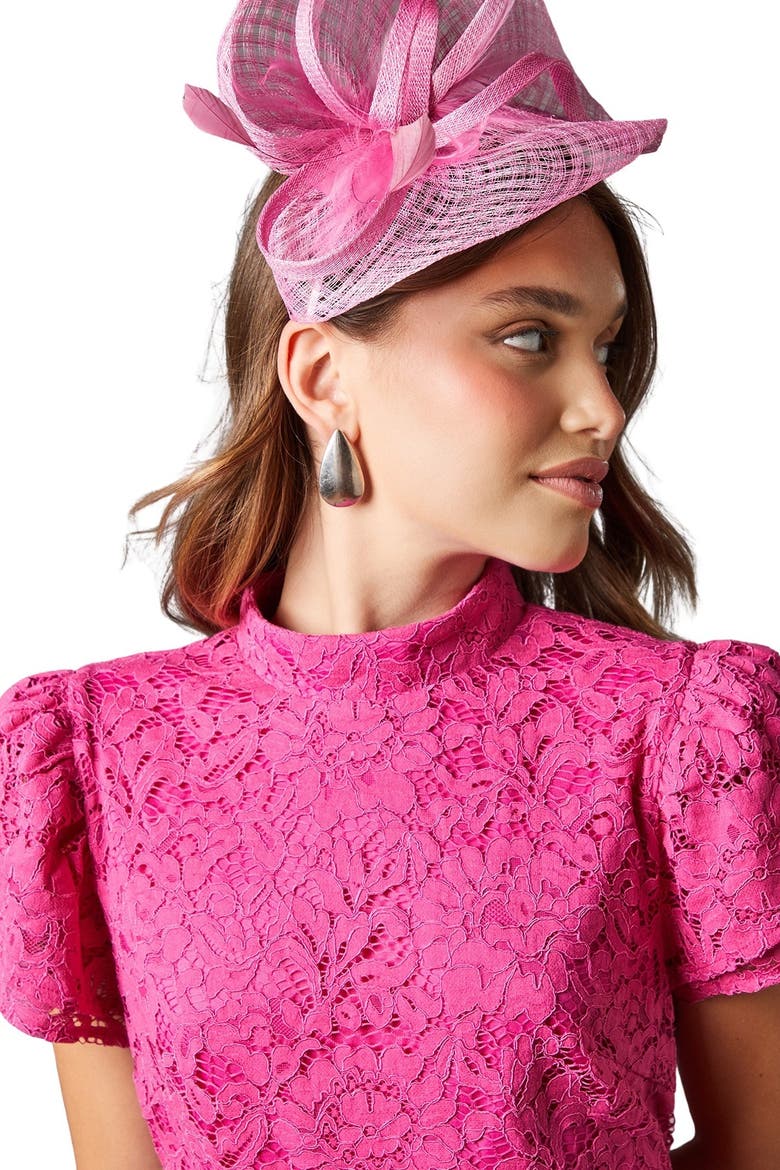 Lace Frill Sleeve High Neck Midi Dress, Alternate, color, Pink