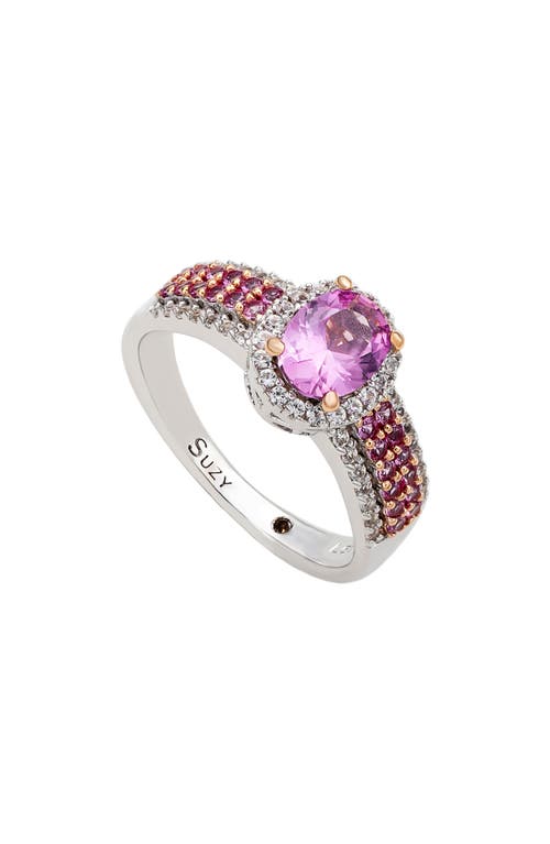 Suzy Levian Diamonds Sterling Silver Oval Pink Sapphire & Lab Grown White Sapphire Ring In Pink