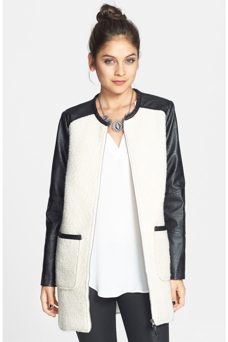 Colorblock Faux Leather Bouclé Knit Coat, Main, color, IVORY