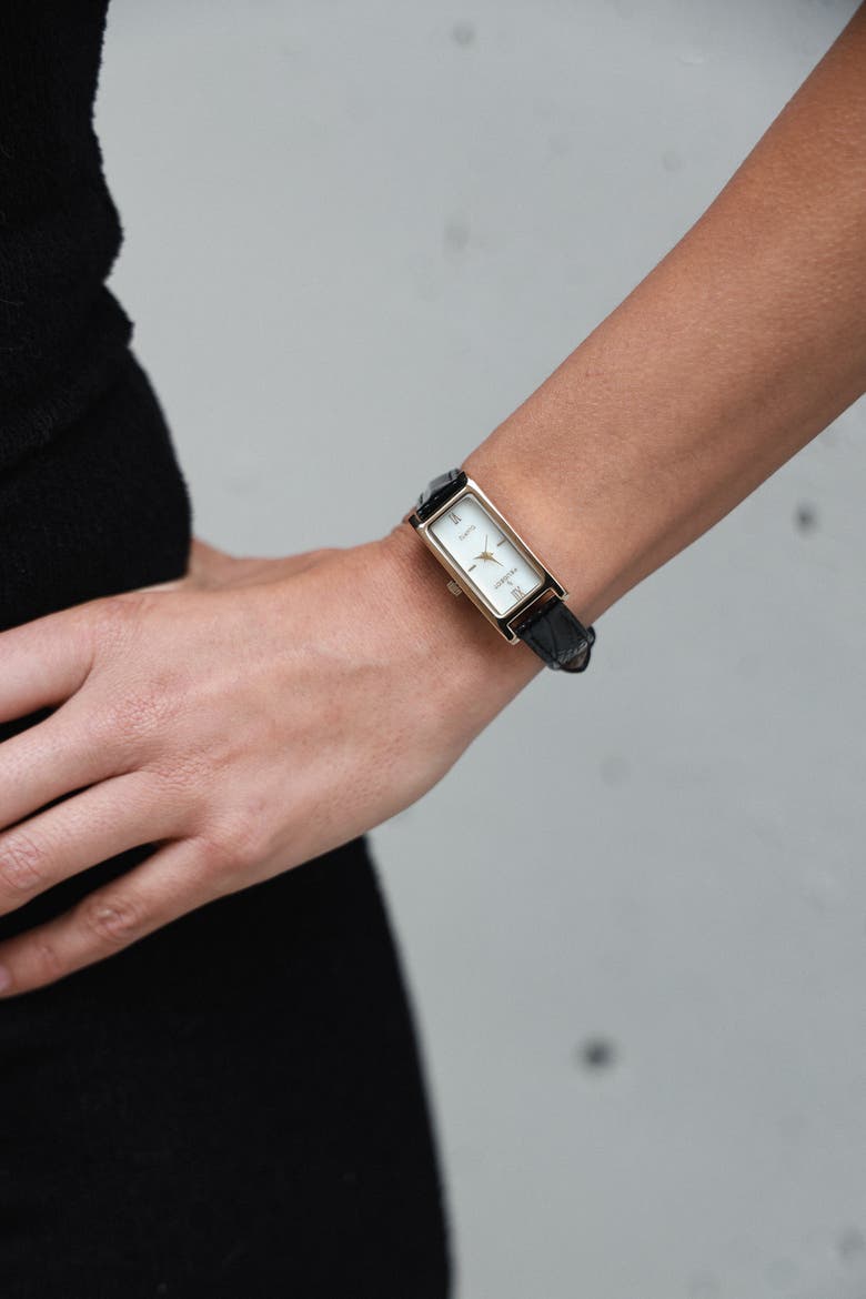 Everyday Rectangular Glossy Leather Watch- 35x18MM, Alternate, color, Black