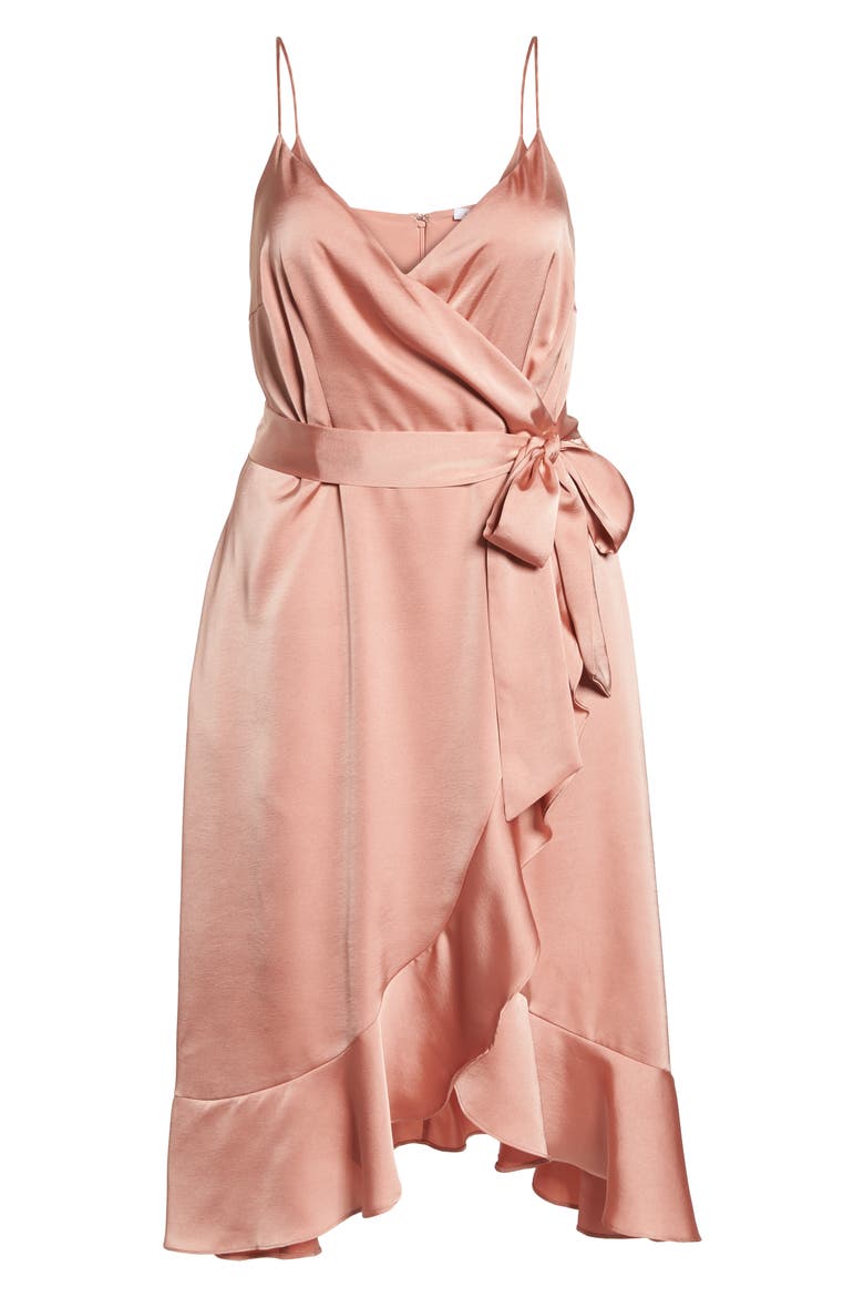 Marilyn Satin Faux Wrap Dress, Alternate, color, CORAL HAZE