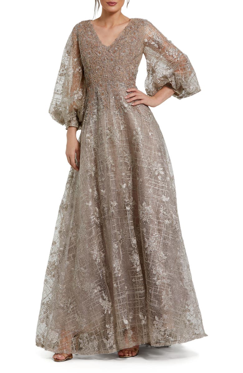 Mac Duggal Embellished Plunge Neck Puff Sleeve A Line Gown, Main, color, Mocha