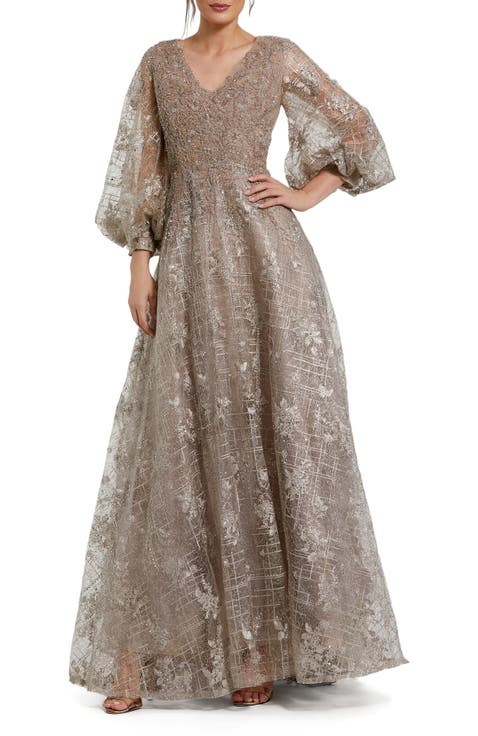 Embellished Plunge Neck Puff Sleeve A Line Gown