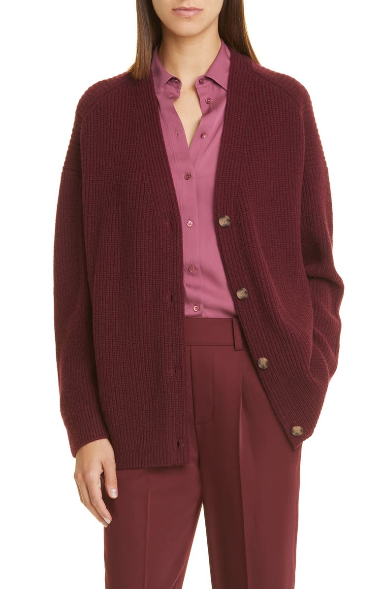 Vince Oversize Wool & Cashmere Cardigan, Main, color, Plum Wine