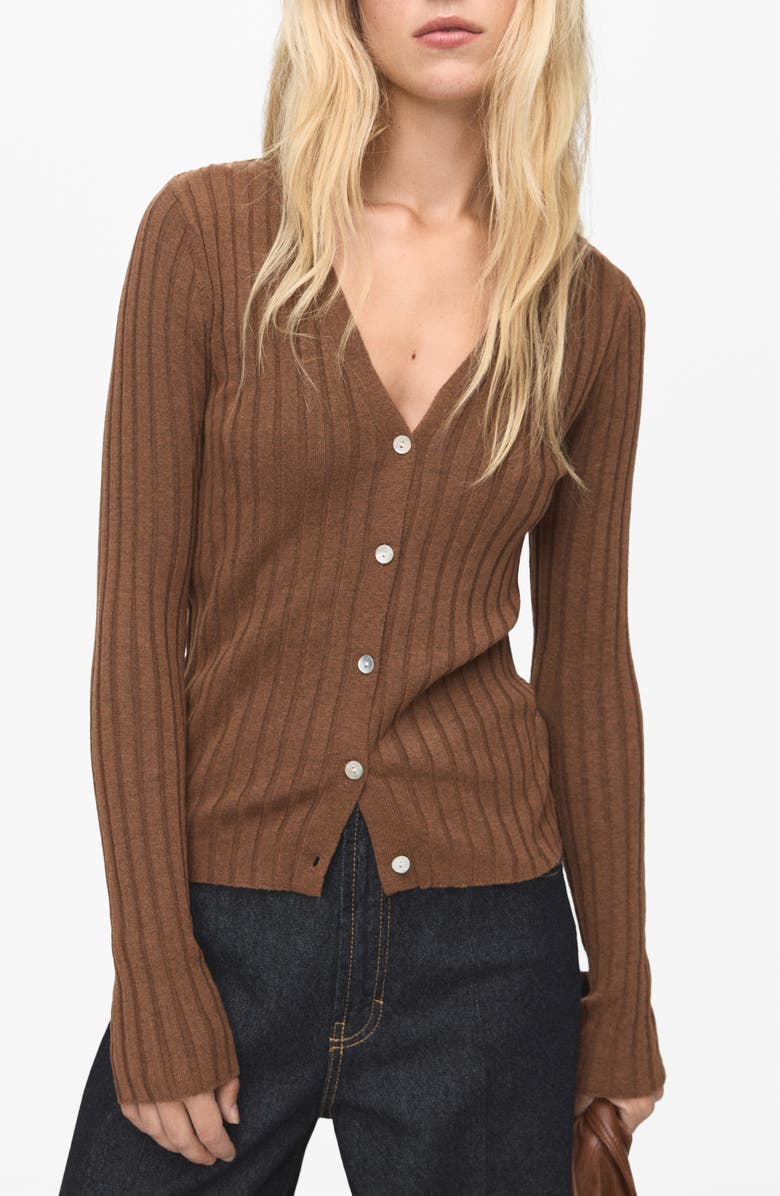 MANGO V-Neck Rib Cardigan, Main, color, Chocolate