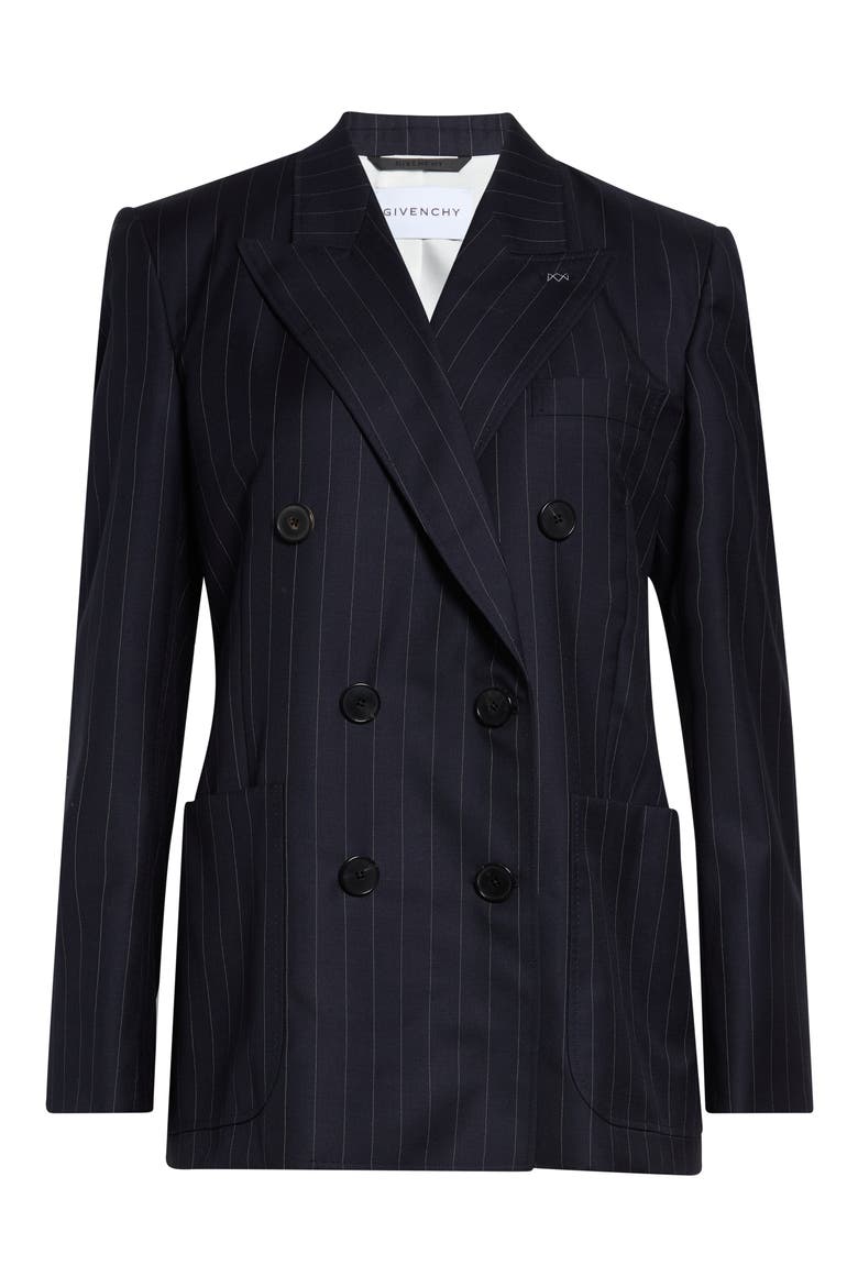 Pinstripe Double Breasted Wool Jacket, Main, color, DARK NAVY