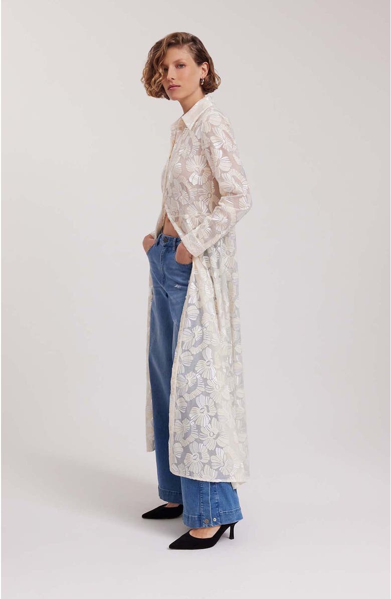 Anne Fontaine Women's Dress  Adelie White Full Length Sheer Shirt Dress With Embroidered Flowers, Alternate, color, Moon White