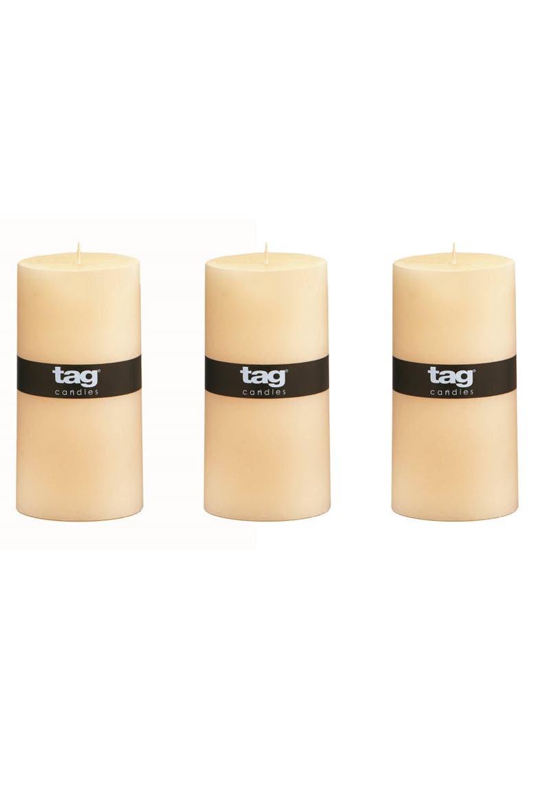 Chapel Ivory Pillar Candles Unscented Long Burning Set of 3, Main, color, Beige