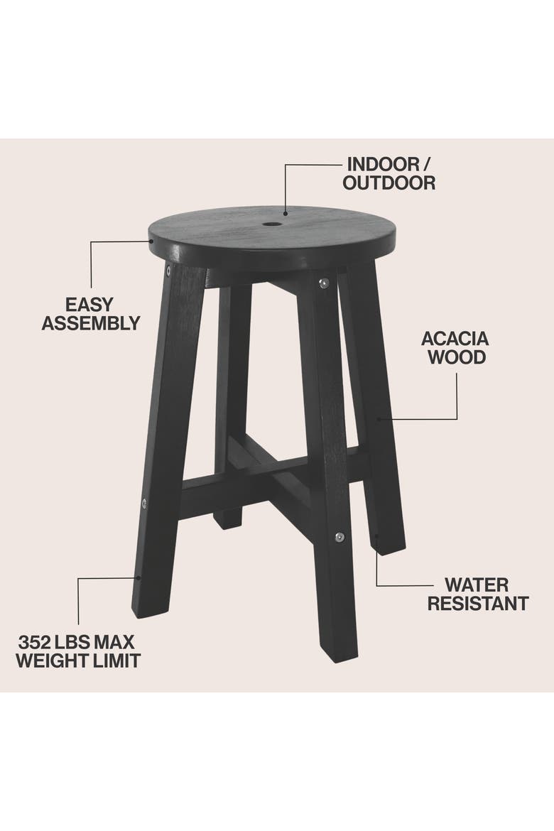 Grove Farmhouse Solid Acacia Wood Round Indoor/Outdoor Accent Stool, Backless Wooden Seat or Side Table for Living Room, Patio, Alternate, color, Black