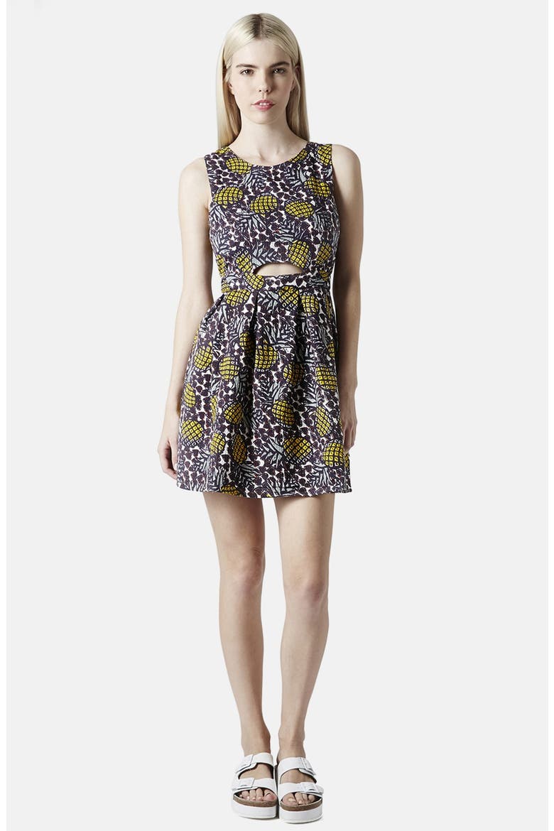 Pineapple Print Cutout Fit & Flare Dress, Alternate, color, YELLOW MULTI