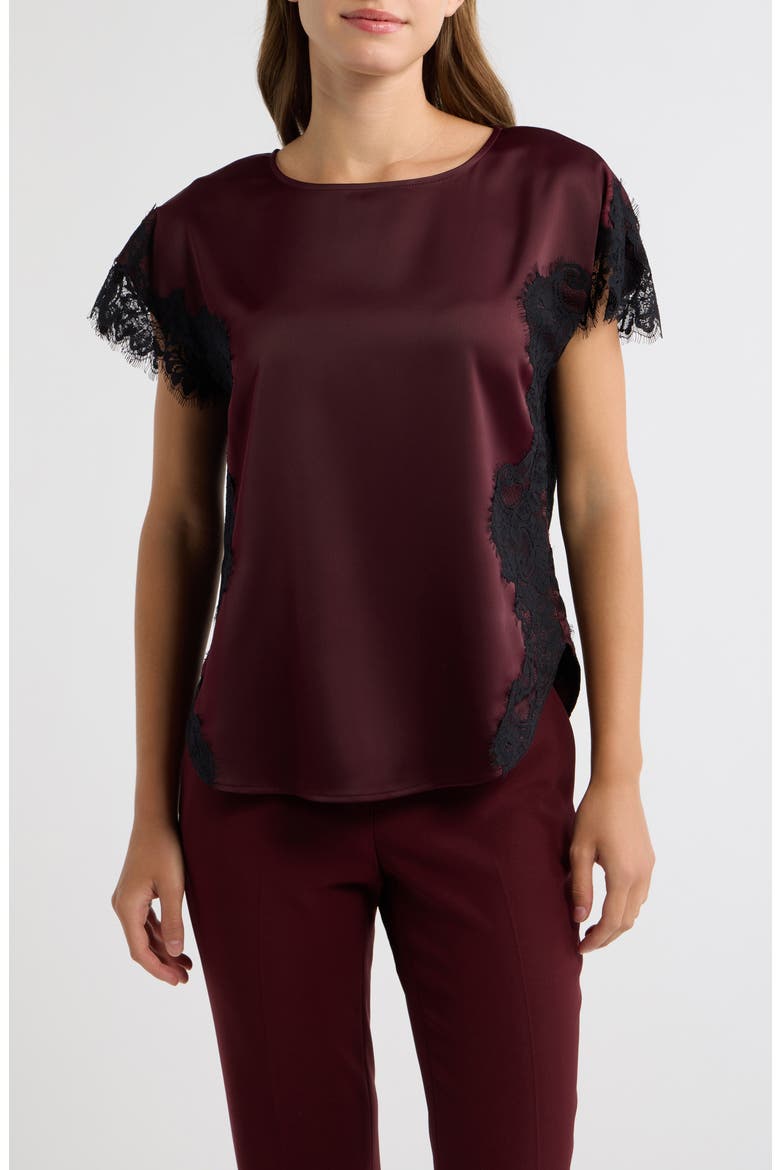 Lace Trim Satin Top, Main, color, BAROLO / BLACK