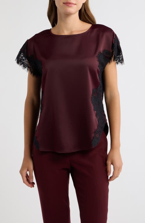 Anne Klein Lace Trim Satin Top in Barolo/black at Nordstrom, Size Large