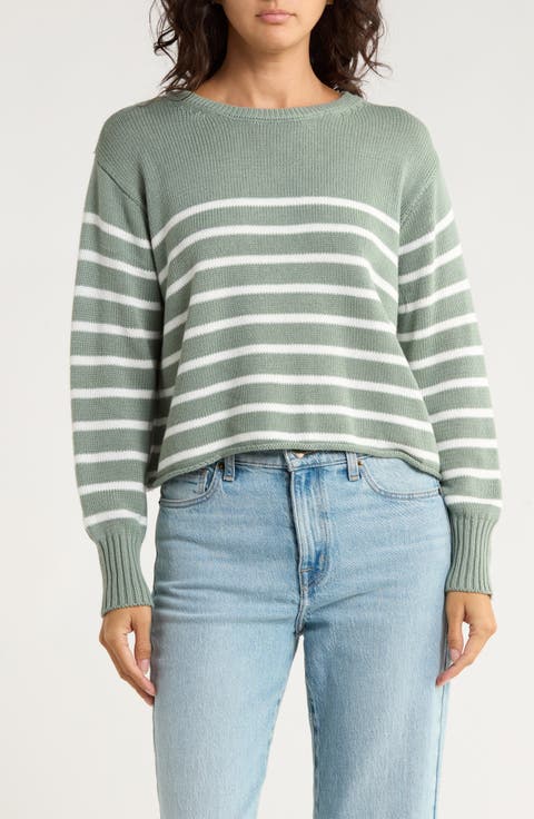 Stripe Boxy Crop Cotton Blend Sweater