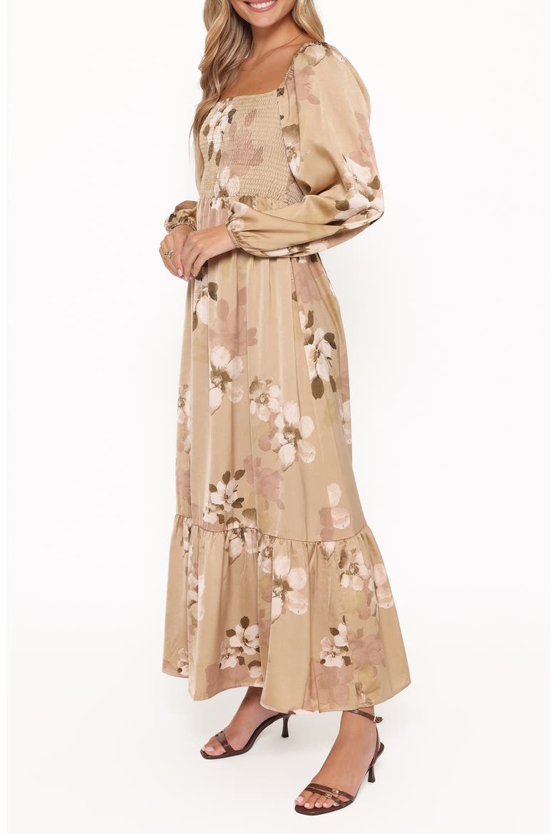 Kindra Floral Smocked Tiered Maxi Dress, Alternate, color, BROWN FLORAL