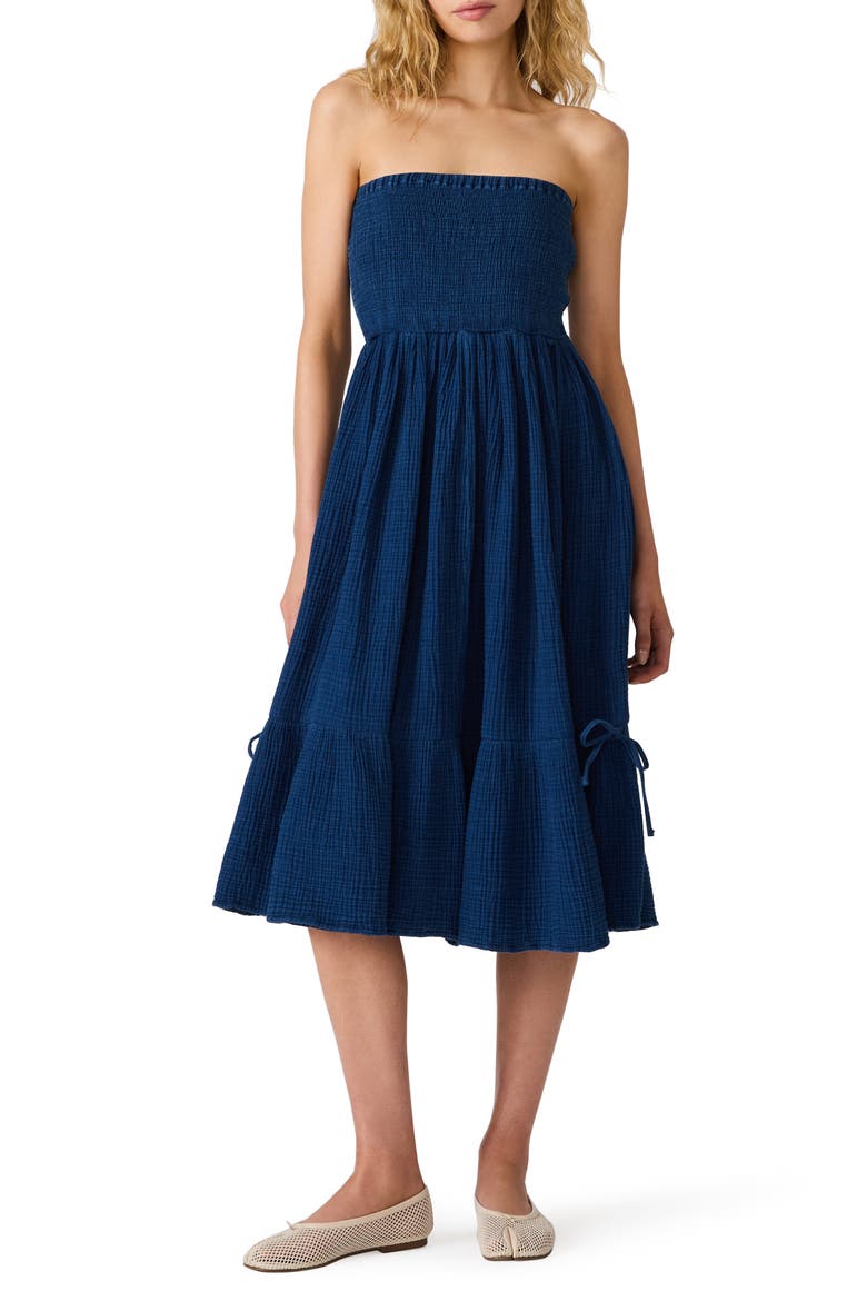 Bisou Strapless Smocked Gauze Midi Dress, Main, color, SOFT INDIGO
