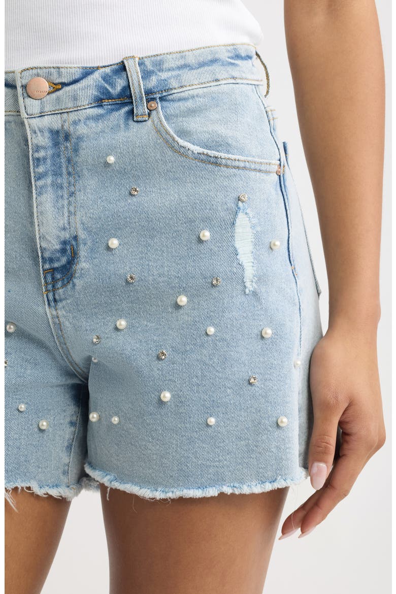 Imitation Pearl and Crystal Denim Cutoff Shorts, Alternate, color, LIGHT INDIGO