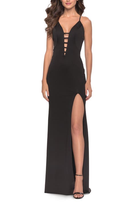 Fitted Matte Jersey Gown with Unique Deep V Neckline