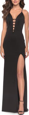 La Femme Fitted Matte Jersey Gown with Unique Deep V Neckline