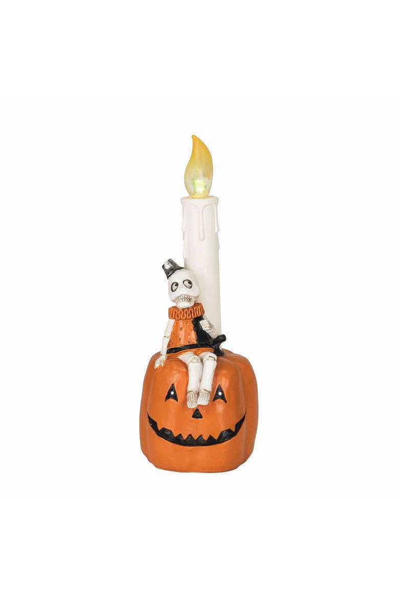 Skeleton Sitting on Jack O Lantern Candle Halloween LED Figurine, Alternate, color, Orange