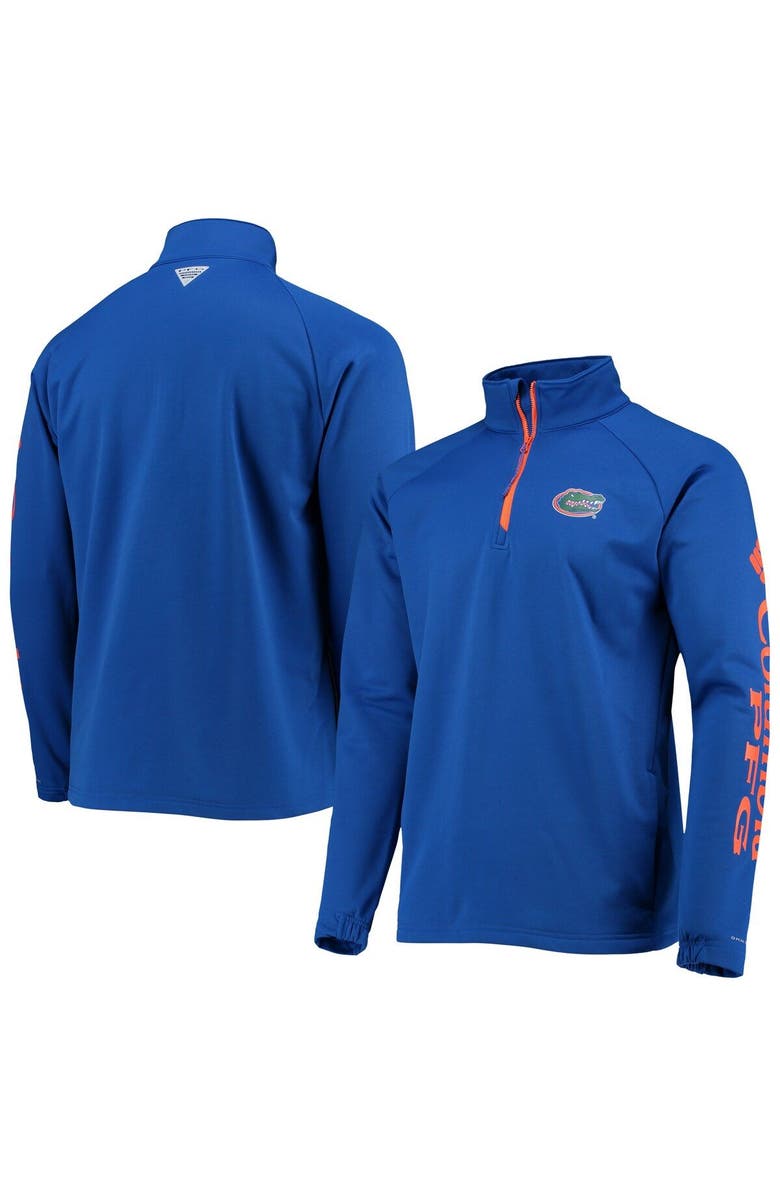 Columbia Men's Columbia Royal Florida Gators Terminal Tackle Fleece Raglan Omni-Shade Quarter-Zip Jacket, Main, color,