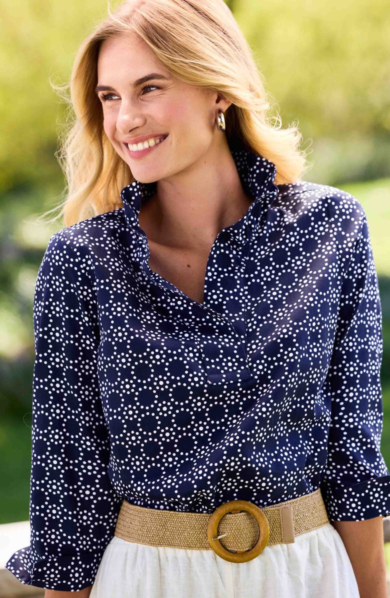 Foxcroft Tammy Cotton Ruffle Collar Top, Alternate, color, Navy Blue/ White