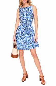 Boden Anya Print Tie Waist Linen Dress