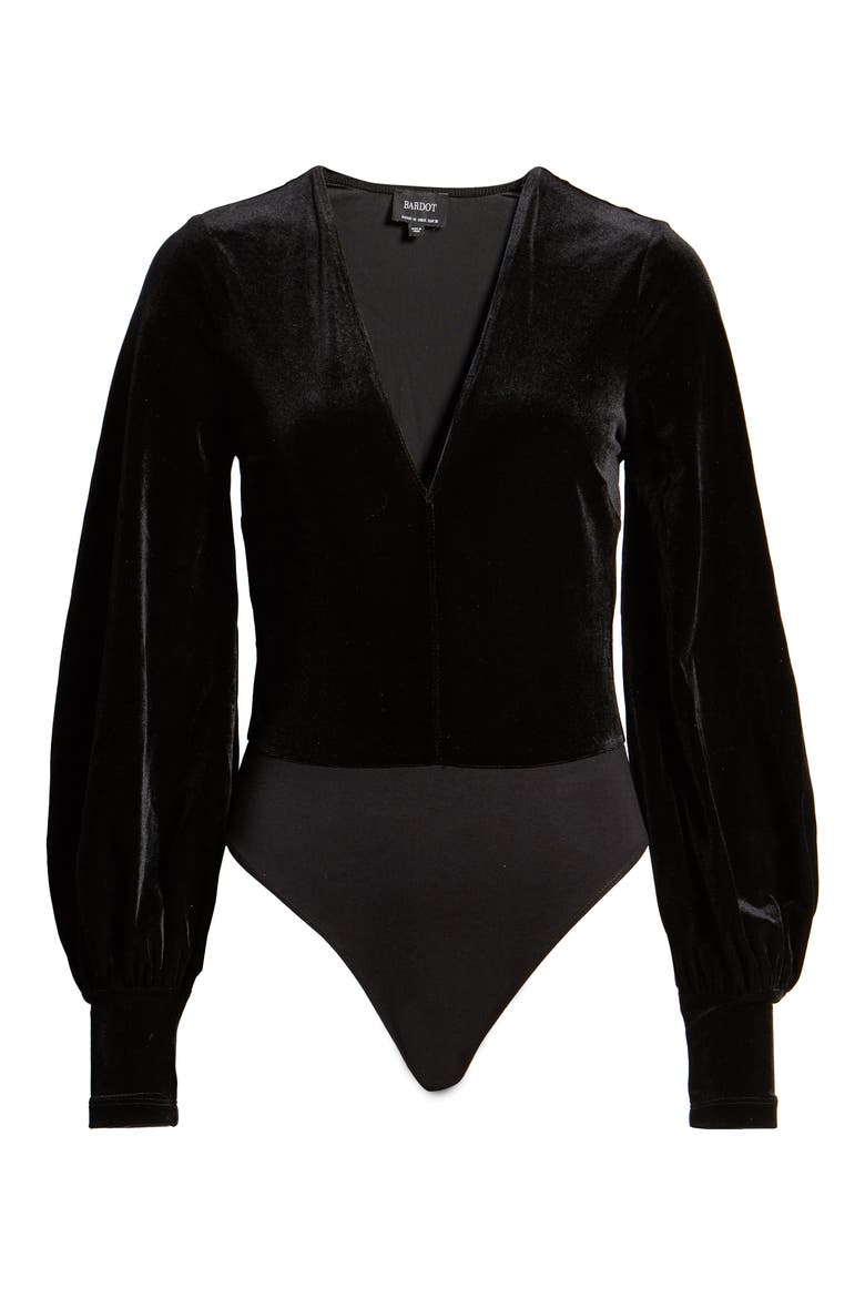 Bryony Balloon Sleeve Velvet Bodysuit, Alternate, color, BLACK