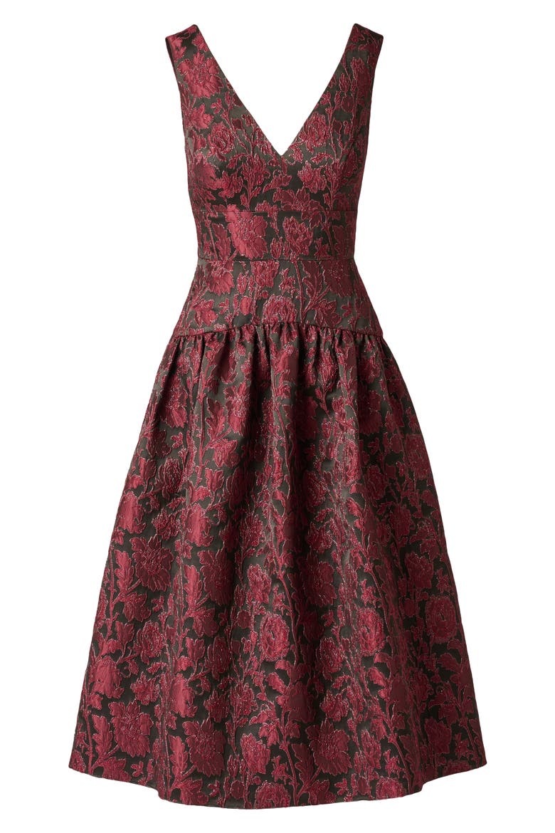 Floral Metallic Jacquard Midi Dress, Alternate, color, BURGUNDY