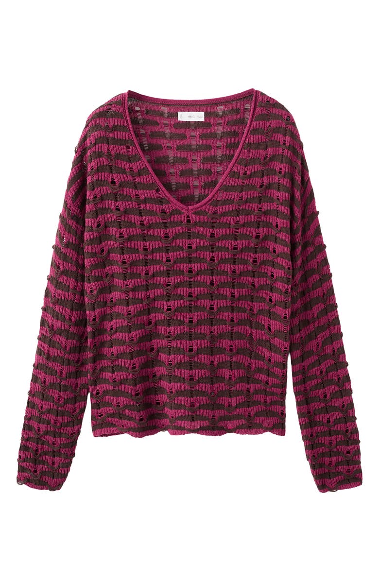 MANGO TEEN Stripe Openwork V-Neck Sweater, Alternate, color, Cherry