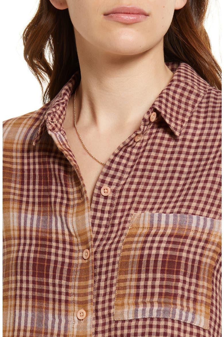 Mixed Plaid Cotton Boyfriend Shirt, Alternate, color, BURGUNDY- TAN MIXED PLAID