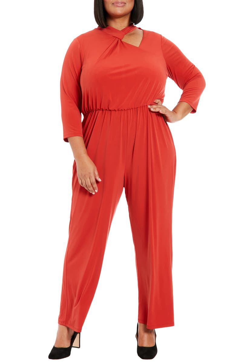 London Times Asymmetric Neck Stretch Jersey Jumpsuit, Main, color, Red