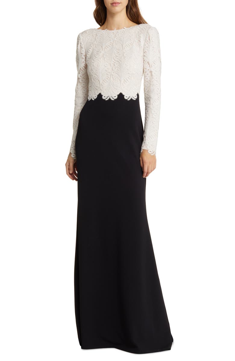 Tadashi Shoji Mixed Media Long Sleeve Gown, Main, color, 