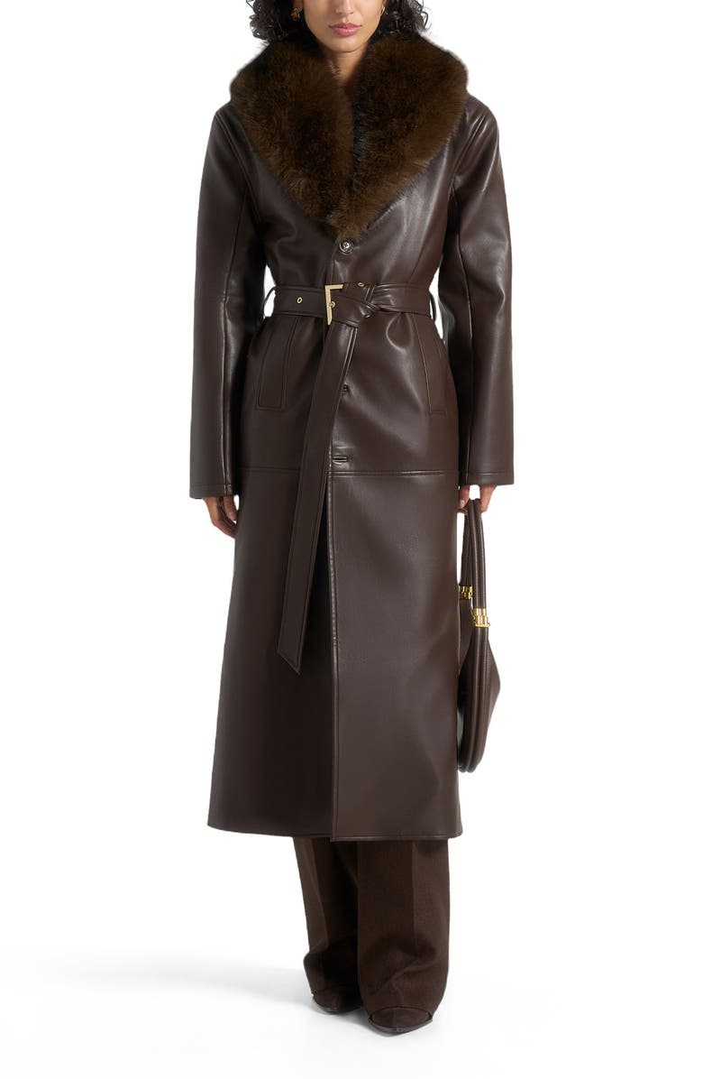Manière De Voir Cenya Fur Collar Belted Leather Coat, Alternate, color, Brown