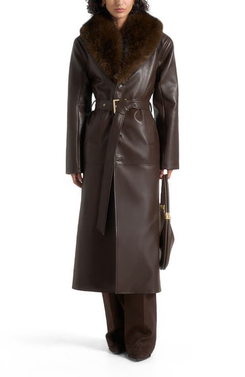 Cenya Fur Collar Belted Leather Coat
