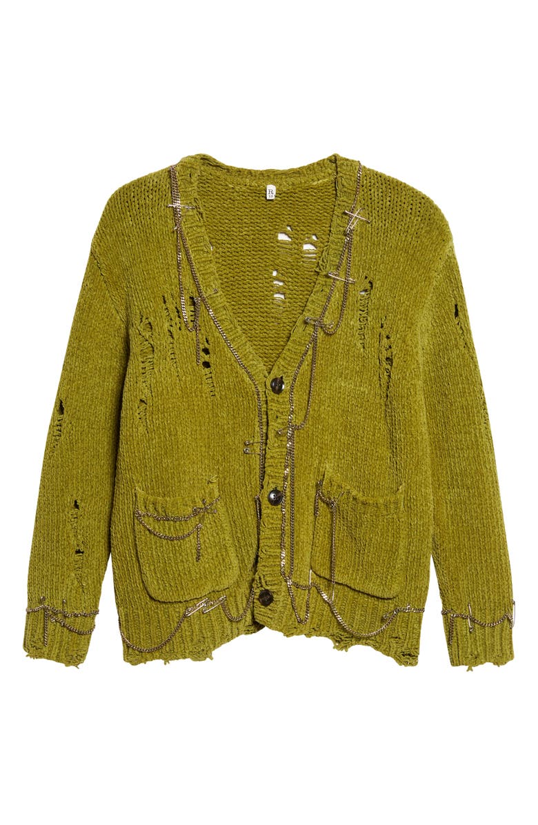 R13 Safety Pin Chain Detail Ripped Cotton Cardigan, Main, color, Light Green