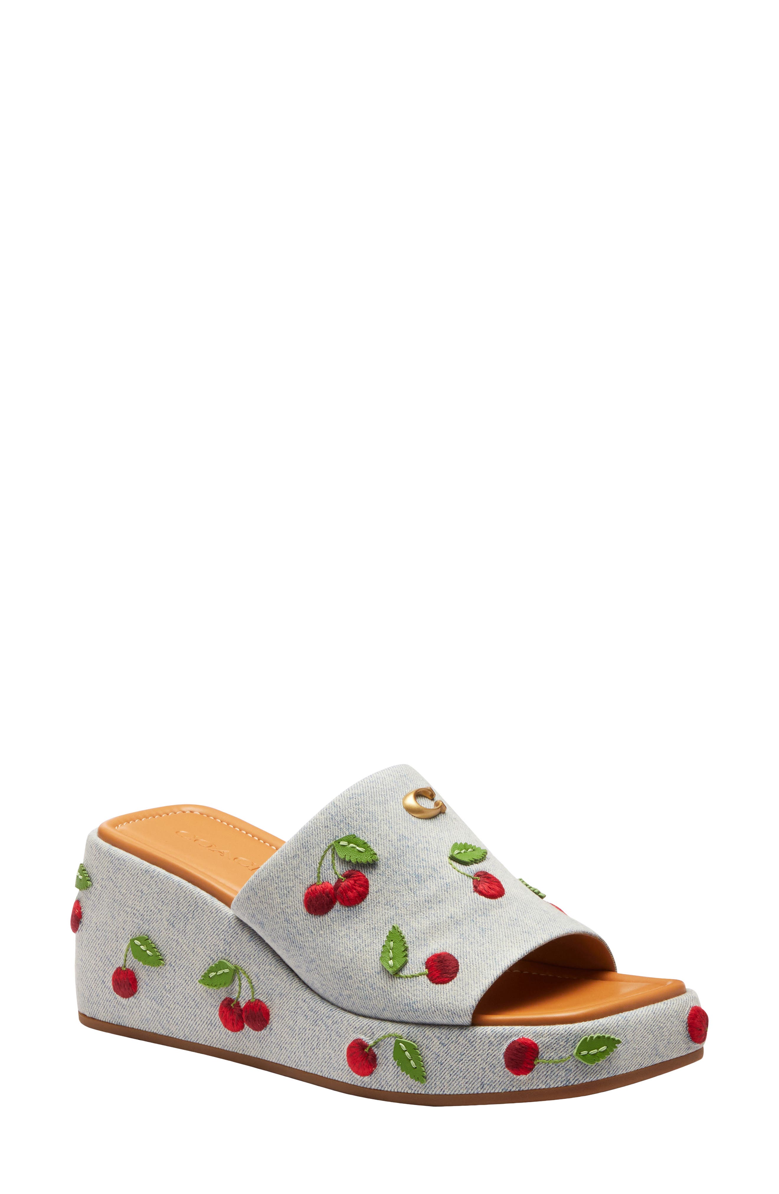 COACH Marie Denim Cherries Platform Wedge Sandal, Main, color, 