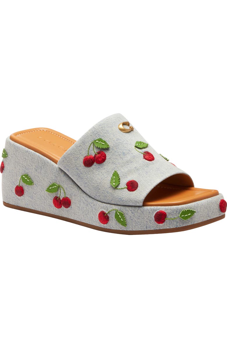 COACH Marie Denim Cherries Platform Wedge Sandal, Main, color,