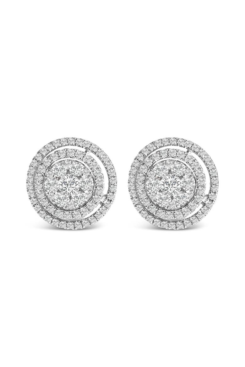 14K Gold 1 3/8 Cttw Diamond Cluster and Double Halo Stud Earring, Main, color, White
