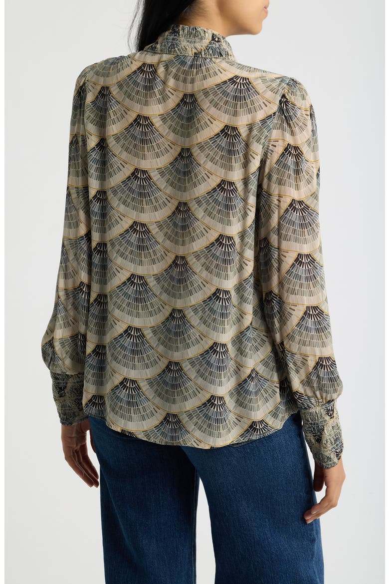 Print Smocked Cuff Long Sleeve Top, Alternate, color, GILDED CHARCOAL