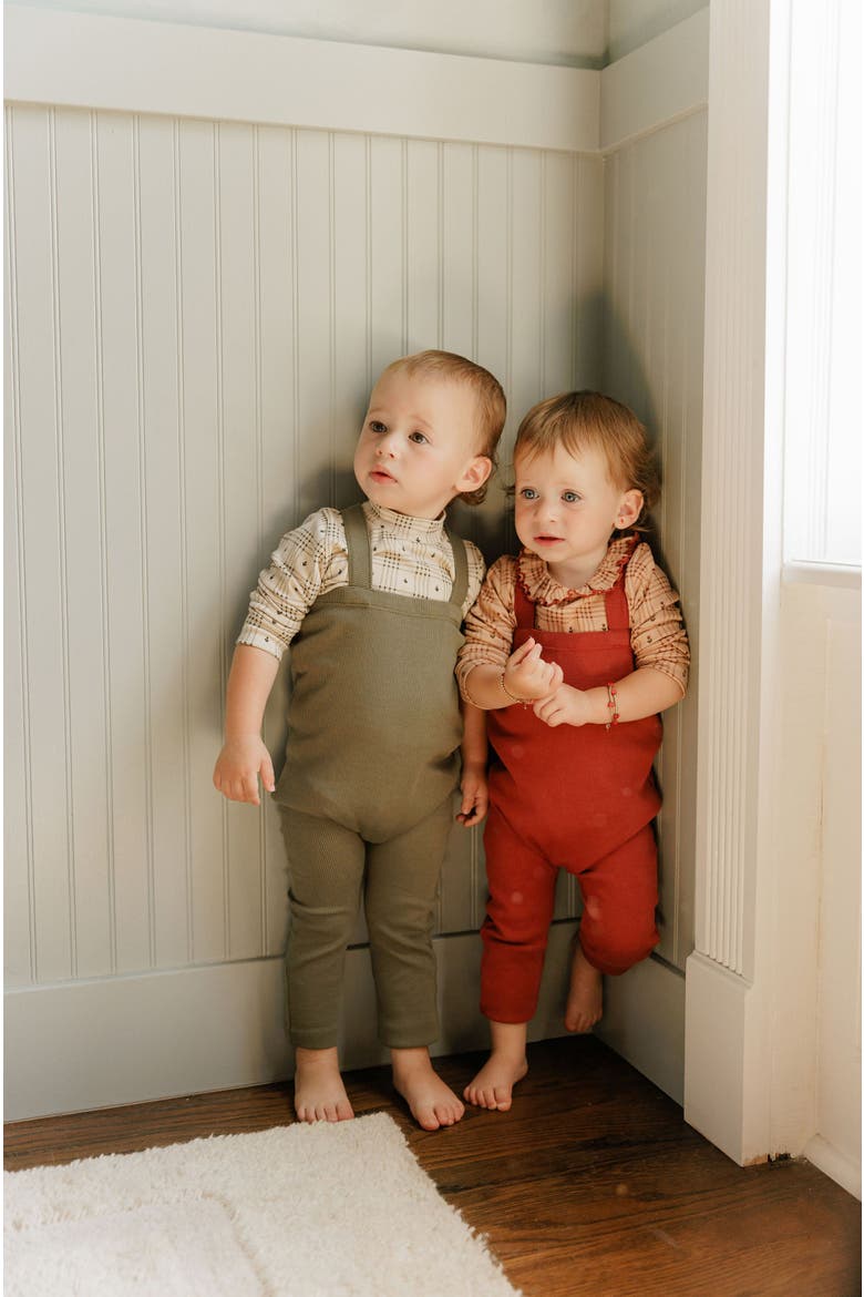 Cotton Floral Plaid Collection - Bodysuit + Overalls, Alternate, color, Tan