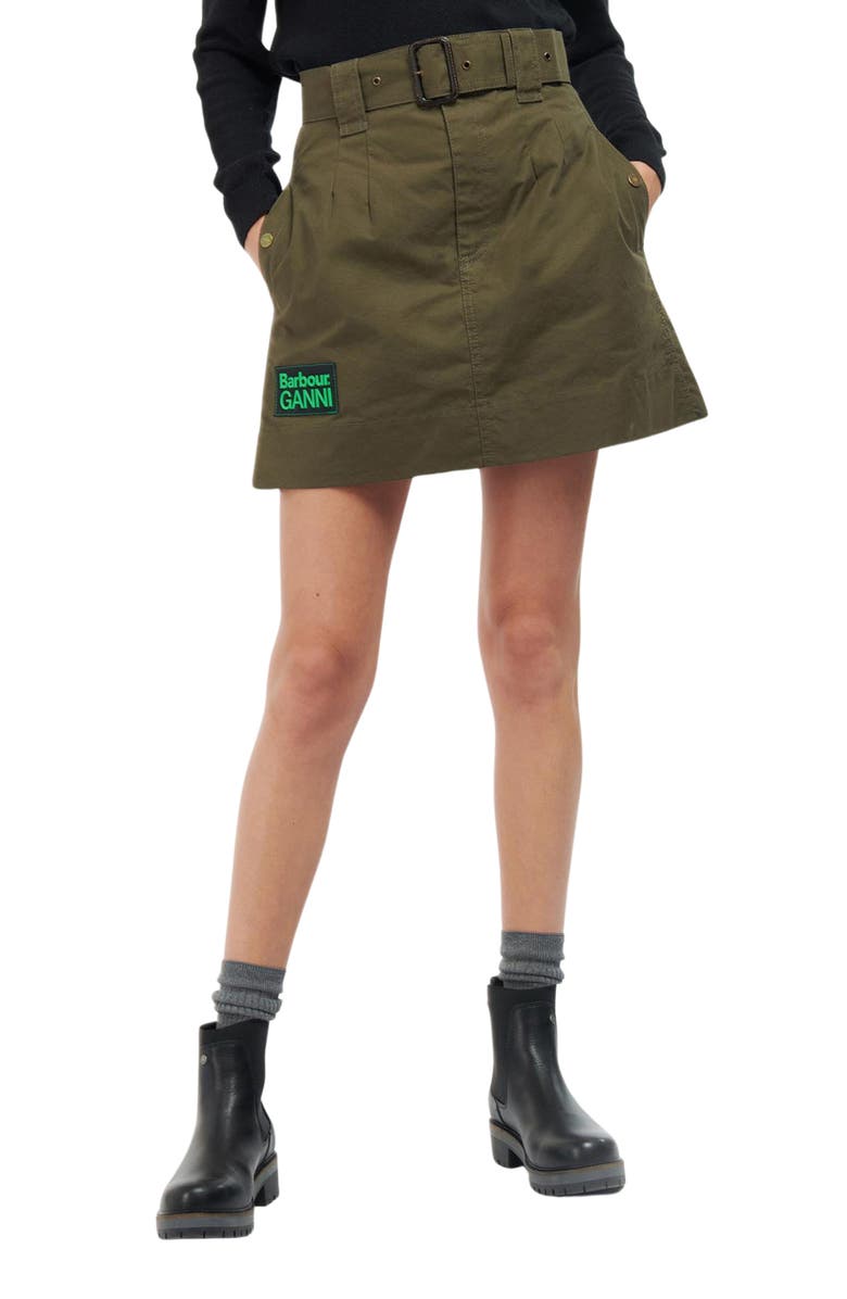 BARBOUR X GANNI x Ganni A-Line Belted Organic Cotton Skirt, Main, color,